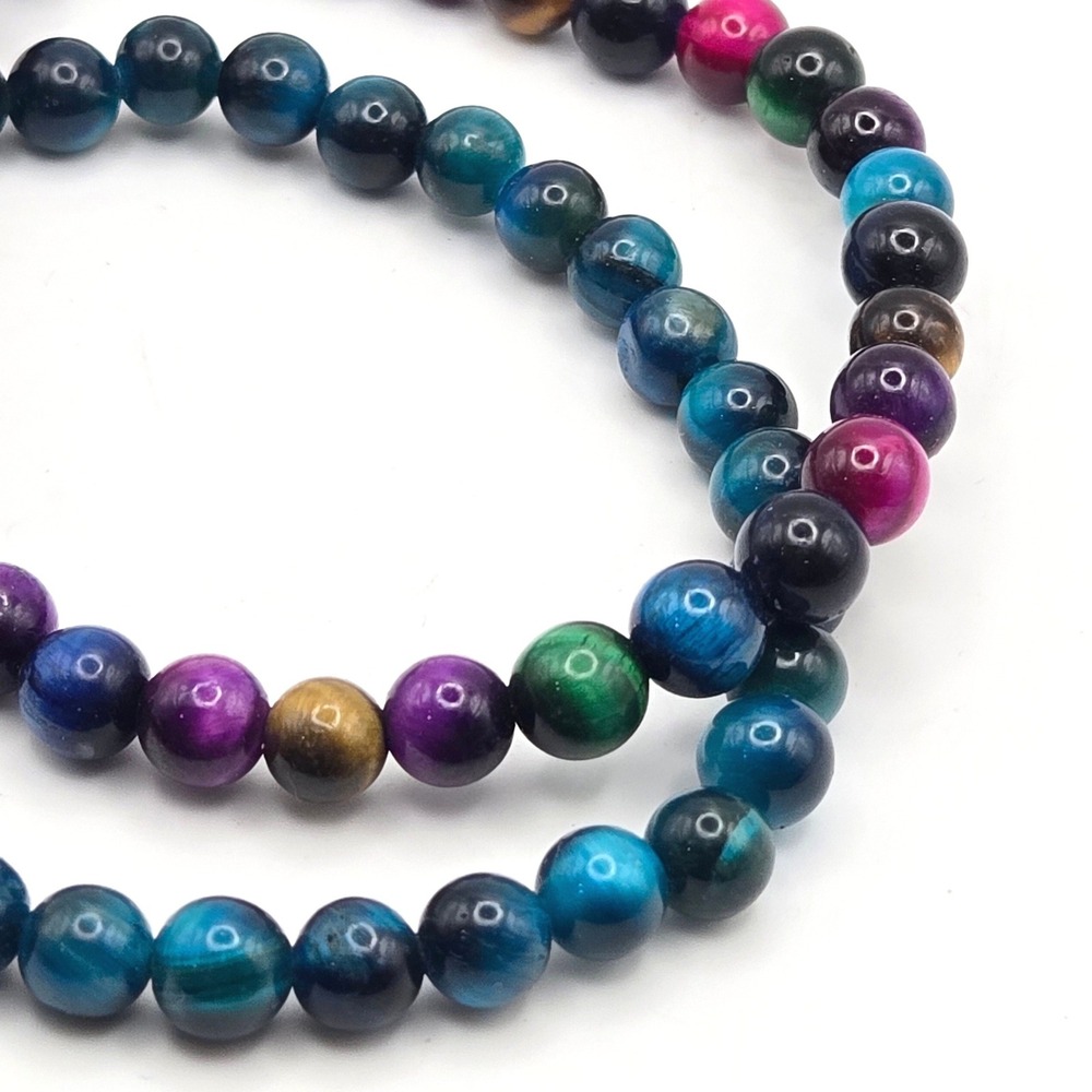 Multicolor Dyed Tiger Eye Bead Stretch Bracelet Set 2pc Unisex Natural Stone